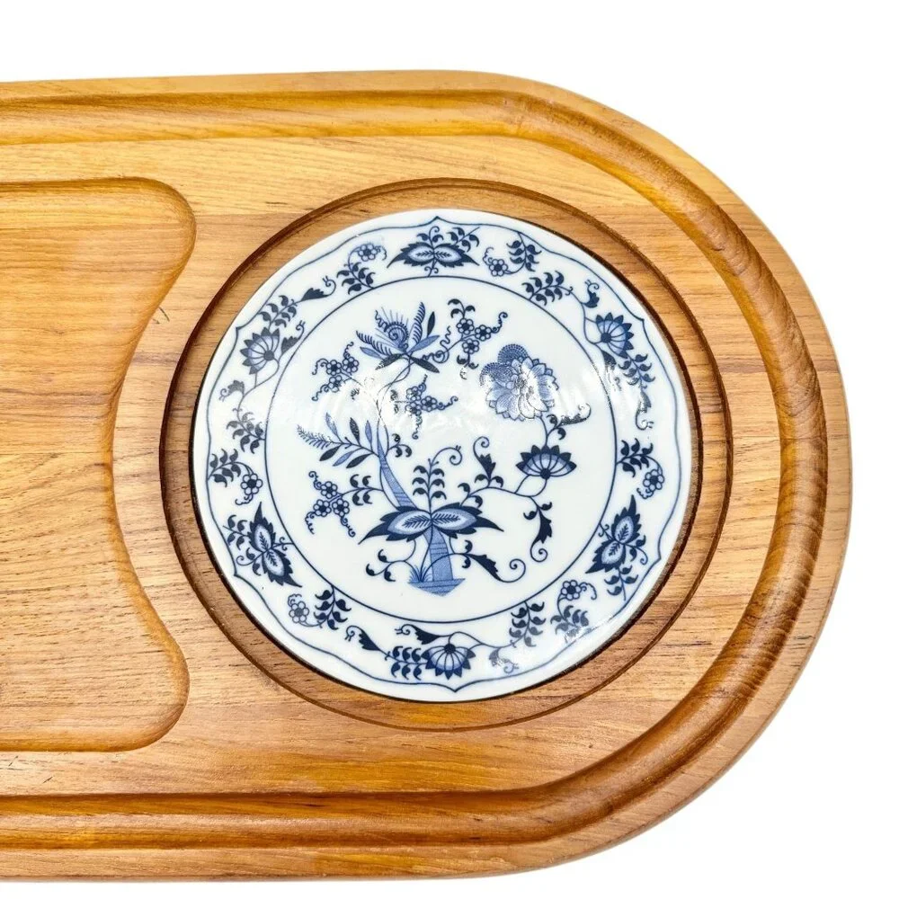 Vintage Dolphin Teakwood Serving Tray Ceramic Plate Insert 17.5